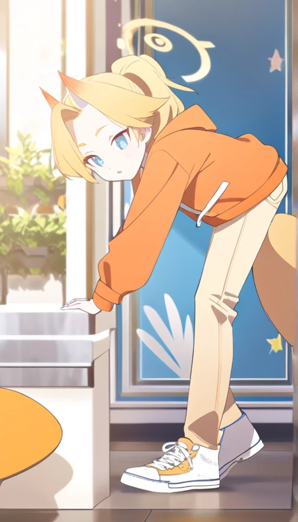 A 16 years old boy, 5ft8 in height, white shoes, Latte coloured jeans, Pastel orange hoodie, orange demon horns, fox tail, Blue eyes, blonde hair, Orange halo, ponytail, (Blue Archive character)