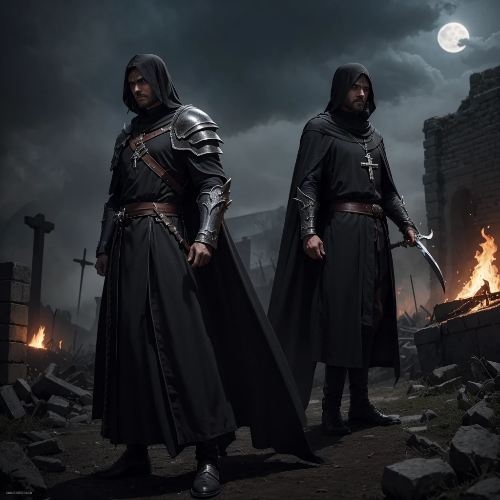 Background:
Evening in front of an ancient and ruined European castle.
A bright full moon illuminates the sky, creates a scary shadow around.
war:
In the middle of the battlefield, there is a team of people who are fighting hard.
The knight in armor swung his sword, wajahnya penuh determination.
The priest held a cross and shouted a prayer of protection.
The elemental mage casts a spell, controls the elements of fire and wind.
On the other hand, the horrifying forces of the undead advanced.
Hundreds of bodies were bleeding and injured, led by a necromancer.
Necromancers wear black robes, his eyes radiated darkness.
A mist of smoke and blood surrounded them, creates a tense atmosphere.
Other Details:
Each character's facial expressions are very detailed: afraid, determination, and despair.
Their costumes reflect the middle ages with engraved cross emblems.
Leather, Hair, and their eyes are very realistic.
Harmonious light and shadow highlight each element.
UHD. Full angle view all the scene.
