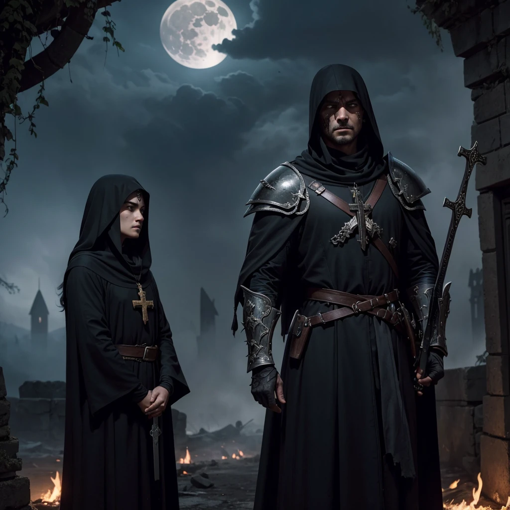 Background:

Evening in front of an ancient and ruined European castle.
A bright full moon illuminates the sky, creates a scary shadow around.
war:

In the middle of the battlefield, there is a team of people who are fighting hard.
The knight in armor swung his sword, wajahnya penuh determination.
The priest held a cross and shouted a prayer of protection.
The elemental mage casts a spell, controls the elements of fire and wind.
On the other hand, the horrifying forces of the undead advanced.
Hundreds of bodies were bleeding and injured, led by a necromancer.
Necromancers wear black robes, his eyes radiated darkness.
A mist of smoke and blood surrounded them, creates a tense atmosphere.
Other Details:

Each character&#39;s facial expressions are very detailed: afraid, determination, and despair.
Their costumes reflect the middle ages with engraved cross emblems.
Leather, Hair, and their eyes are very realistic.
Harmonious light and shadow highlight each element.
 
UHD. Full angle view all the scene. 