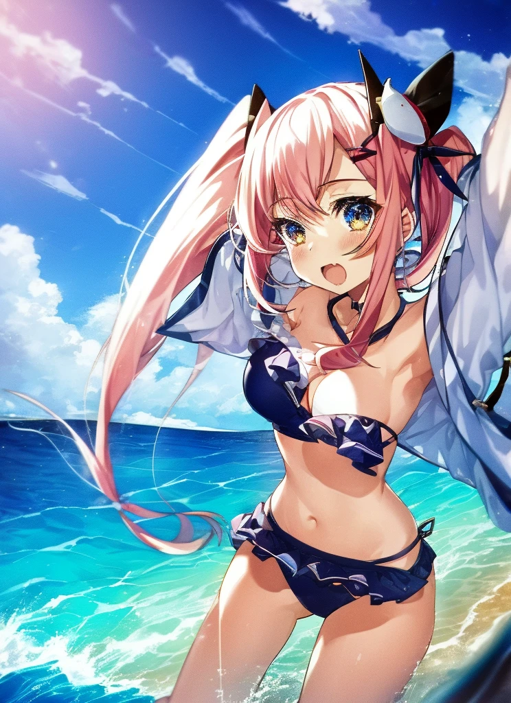 1girl, Fangged mouth, ribbon, Cumulonimbus, buzzer, Ocean, Swimwear