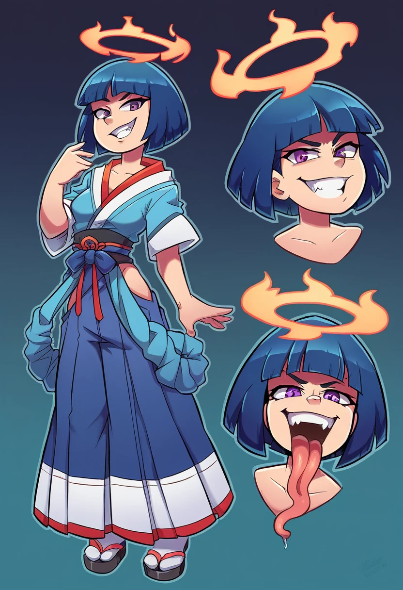 Girl, medium ruffled layered blue hair, purple eyes, open belly, Masterpiece, hiquality, Good detail, sticking out tongue, long tongue, hakama outfit with stomach exposed, half-body shot above waist, fire halo. Expression sheet, fullbody. Grin.