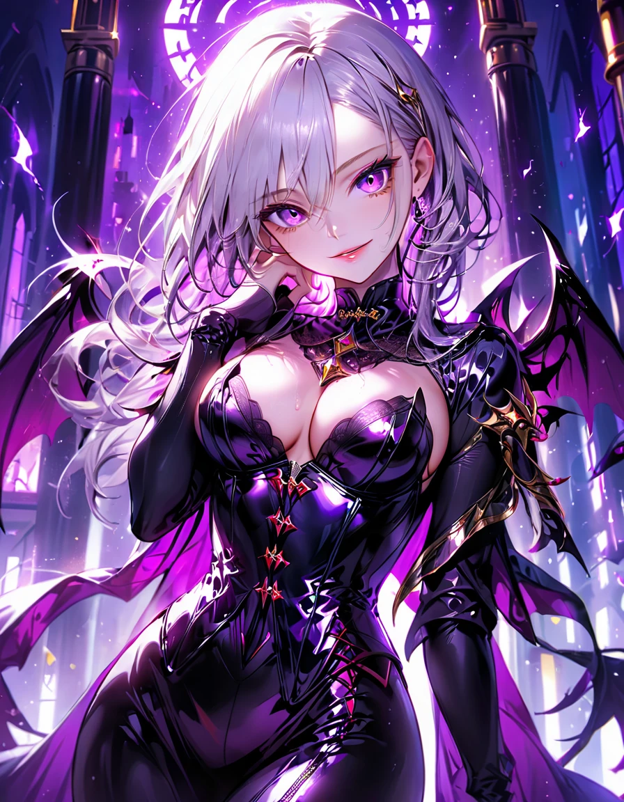 One young and beautiful woman,(Highest quality,Extremely detailed depiction,Incredibly absurd high resolution,Anatomically accurate depiction,Perfect body,Two curvaceous legs),(A fantastic evil goddess in a mysterious costume),(Gorgeous black outfit),eyelash,eye shadow,eyeliner,mascara,Flashy makeup,(Intensely glowing purple eyes,(Crazy Eyes),Glossy Lips,Wicked Smile,There is cleavage in the chest,wing,whole body),Sweat,background:Temple of the Night,Purple light