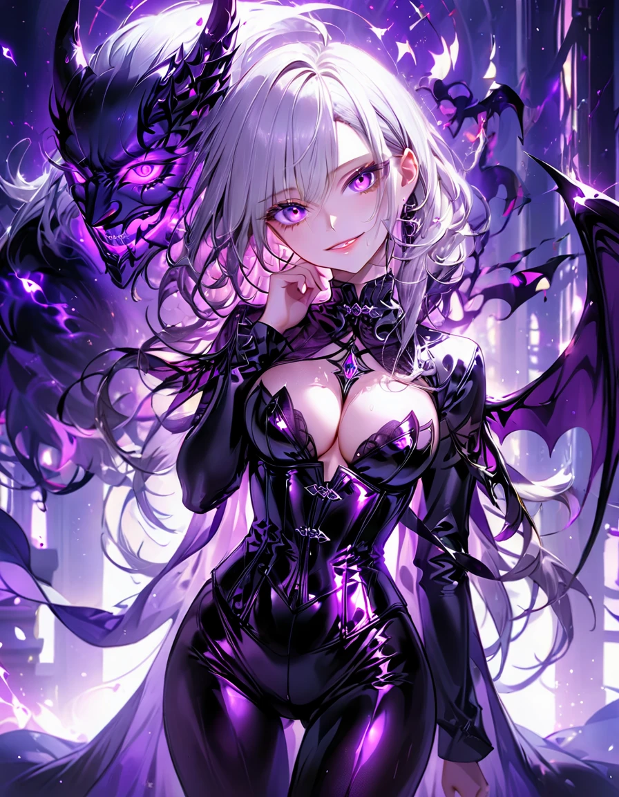 One young and beautiful woman,(Highest quality,Extremely detailed depiction,Incredibly absurd high resolution,Anatomically accurate depiction,Perfect body,Two curvaceous legs),(A fantastic evil goddess in a mysterious costume),(Gorgeous black outfit),eyelash,eye shadow,eyeliner,mascara,Flashy makeup,(Intensely glowing purple eyes,(Crazy Eyes),Glossy Lips,Wicked Smile,There is cleavage in the chest,wing,whole body),Sweat,background:Temple of the Night,Purple light