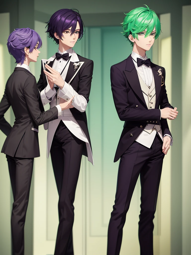 There are two elegant boys, the first boy has green hair and black and dark green clothes. The second boy has purple hair with white clothes, anime characters dressed in formal clothes standing next to each other, neo-romanticism, two handsome anime men, one man with green hair and the other man with purple hair, two men, elegant anime key visual, beautifulprince