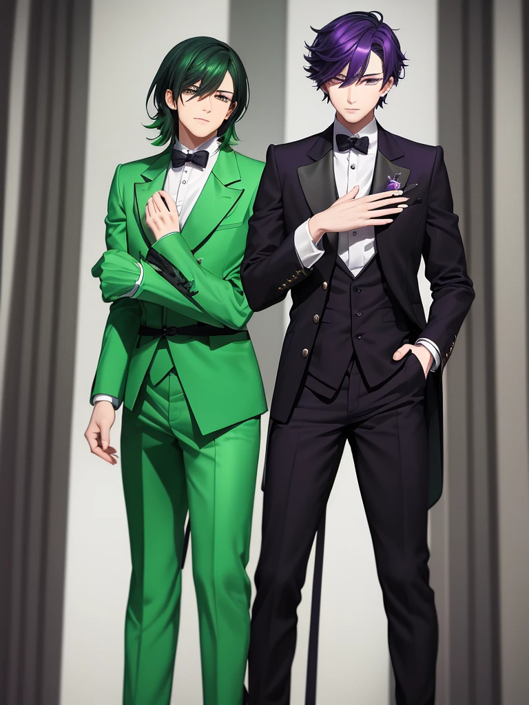 There are two elegant boys, the first boy has green hair and black and dark green clothes. The second boy has purple hair with white clothes, anime characters dressed in formal clothes standing next to each other, neo-romanticism, two handsome anime men, one man with green hair and the other man with purple hair, two men, elegant anime key visual, beautifulprince