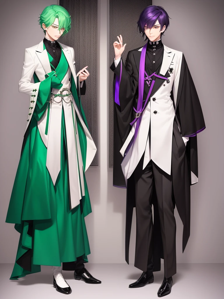 There are two elegant boys, the first boy has green hair and black and dark green clothes. The second boy has purple hair with white clothes, anime characters dressed in formal clothes standing next to each other, neo-romanticism, two handsome anime men, one man with green hair and the other man with purple hair, two men, elegant anime key visual, beautifulprince