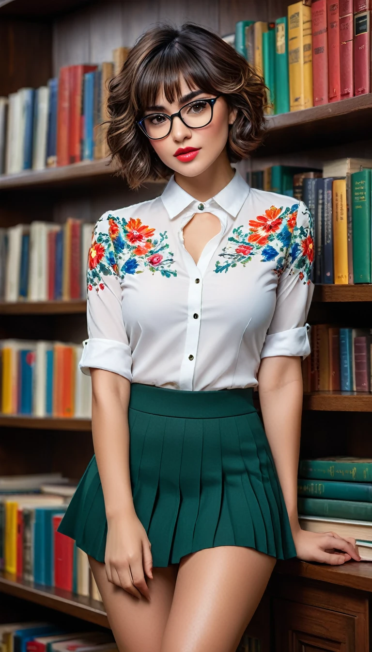 (((beautiful beautiful Isabela Merced, posing for uploadss, looking sexy, ruffled lips, Short and curly hair in different colors, extremely pretty eyes))), ((wearing floral silver necklace)), realistic uploadsgraph, highy detailed, Foco do pointed, (Main lighting), (indoor bookstore environment), artwork, extremely pretty, Perfect beauty, (perfect shape body, Broad Hips, small waist, thick-thighs, firm abs, Body cute, knees, knees, focus on the knees, breasts small), short hair of different colors with bangs, short hair with bangs of different colors cobrindo a testa, short hair with bangs of different colors ((((short hair of different colors with bangs cobrindo a testa)))), ((30 years old)), (extremely detaild 8k wallpaper), ((face detailed)), (((wearing open white shirt, microsaia curta de tweed, knees, knees, very short skirt)), (long dark eyelashes), (looking at the camera), (((cleavage))), (glamor model), (seductive facial expression) (((standing between high shelves full of books))), extremely detaild, artwork, Intricate details, highy detailed, Foco do pointed, skin detailed, realistic skin texture, texture, detailedeyes, high resolution, kodak vision color, uploads_\(ultra\), Post-processing, maximum detail, roughness, real-life, ultra realistic, uploadsrealism, uploadsgraphy, absurderes, RAW uploads, highest quallity, high detail RAW color uploads, professional uploads, extremely detaild UHD 8k wallpaper unit, best quality, high resolution, (artwork, maximum quality, high resolution:1.4), uploads, cinematic, film grain, pointed, soft natural light, magic uploadsgraphy, super verbose, ((whole body: legs 1.7)), librarian glasses, nerd glasses, ((pleated miniskirt: miniskirt 1.6)), unbuttoned blouse with cleavage, bellybutton, navel, cleavage, (Head to knee, all-body: knees 1.3), horny, lascivious, provocative, panties, raised knee, knee lift