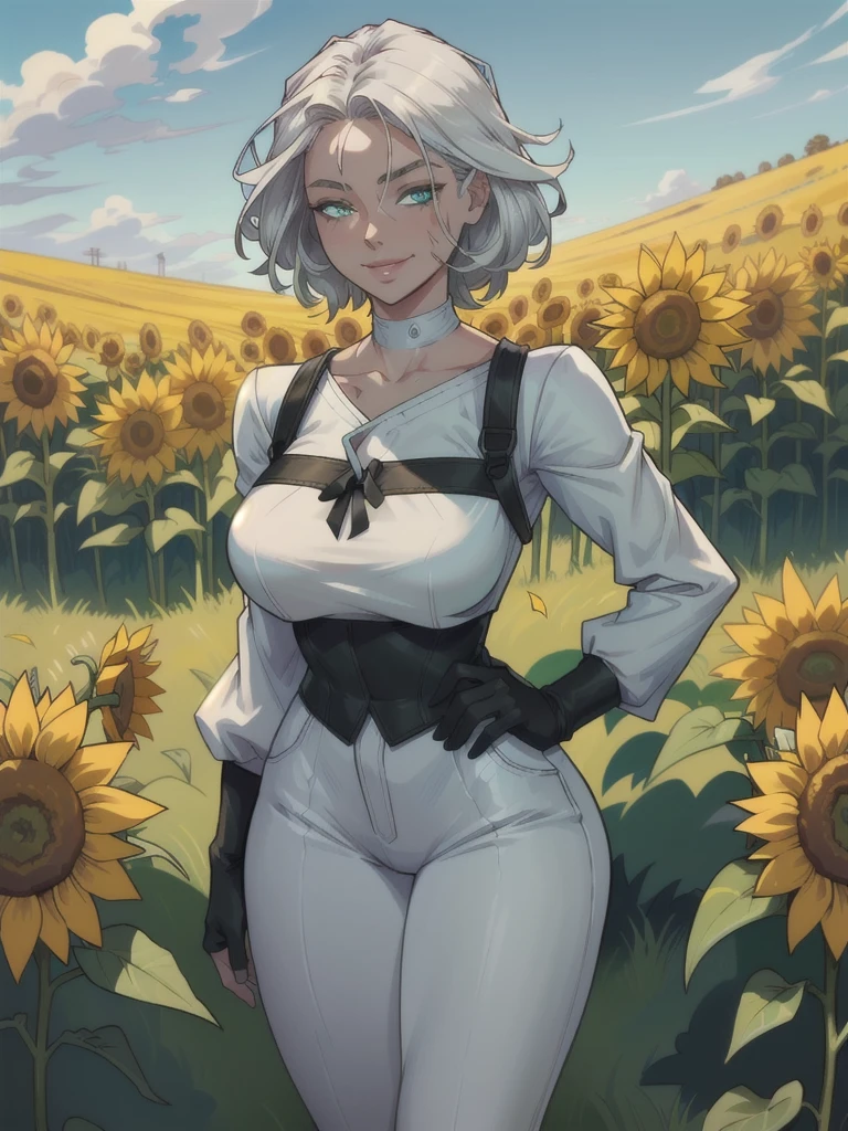 ((ultra detaild, work of art, best qualityer))
 Features of W3, 1 girl, standing alone, White hair, greeneyes, scar on the face, surrounded by sunflowers in a bright field, smiling, glad