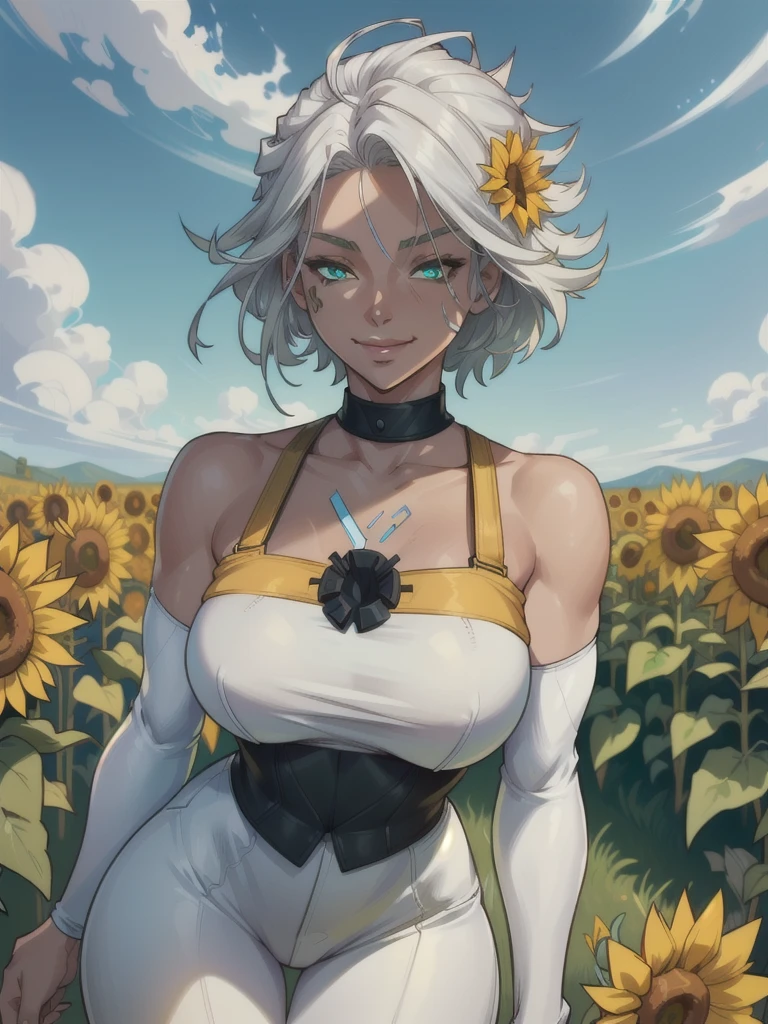 ((ultra detaild, work of art, best qualityer))
 Features of W3, 1 girl, standing alone, White hair, greeneyes, scar on the face, surrounded by sunflowers in a bright field, smiling, glad