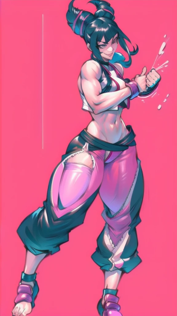 Full body image of Juri Han from Street Fighter 6, wearing her outfit from street fighter 6, jogger pants, female body, athletic body, dynamic pose, detailed pose, simple background, expressive face showing a mischievous grin, focus on face, line art, sketch.
