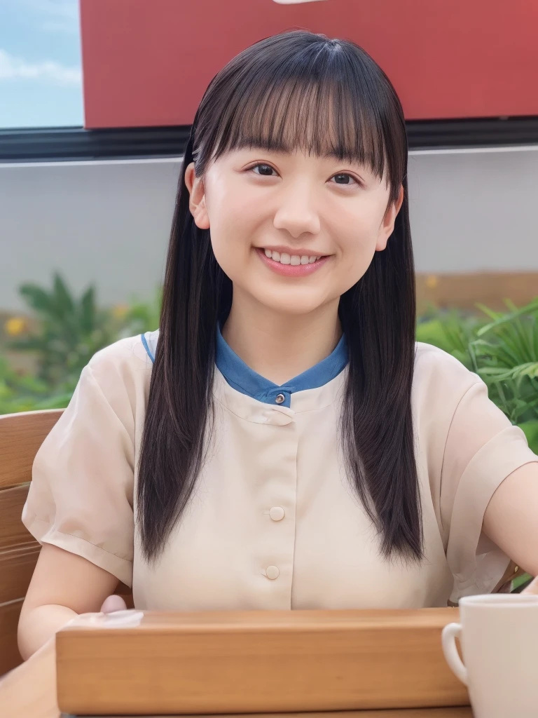 Very cute and beautiful girl sitting on a chair in a roadside cafeteria,(Very detailed美しい顔),
(smile:1.2),Happy,(Bolero ) Blake Hair Accessory,Black Hair,
A cup of coffee,(Sweet cream pancakes on the table),people々,Depth of written boundary,window,wood々and the city,
(Highest quality,masterpiece),Absurd,High resolution,Very detailed,Very detailed,32K,8k resolution,
Intricate details,Movie Scenes,Detailed Background,一peopleで,Dynamic Angle,