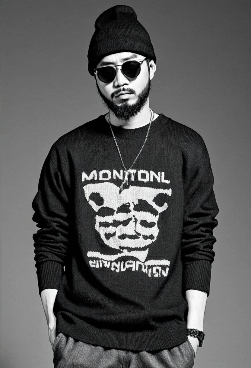 super high quality、male、1 person、Knitted hat、black、Upper Body、sunglasses、Beard、Rapper、Game Shirt、monotone