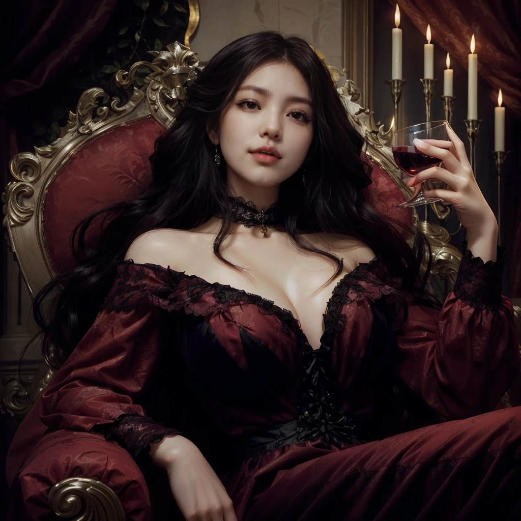 Korean woman naturally large breasts in a white dress with a very pronounced neckline holding a glass of wine, seraphin angel, beautiful angel female queen, beautiful angel queen, portrait of a lady angel, portrait of beautiful angel, elegant victorian angel, beautiful female angel, yennefer, yennefer of vengerberg, angel queen, she holds a glass of wine, victorian angel 