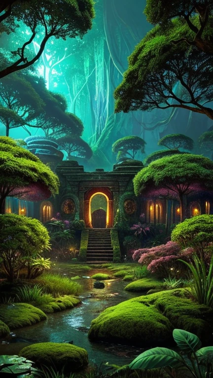 Hyper-realistic digital painting of a mysterious island with bioluminescent plants and flowers that glow in vibrant colors. The dense jungle is illuminated by the soft light of these magical plants, casting an otherworldly glow over the landscape. Strange, exotic creatures can be seen moving among the trees, their eyes glowing in the dark. In the center of the island, a hidden temple made of ancient stone stands, partially covered in vines and glowing moss. The scene is magical and enchanting, with a sense of ancient secrets waiting to be discovered. Cinematic composition, trending on ArtStation.