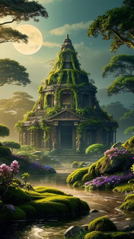 Hyper-realistic digital painting of a mysterious island with bioluminescent plants and flowers that glow in vibrant colors. The dense jungle is illuminated by the soft light of these magical plants, casting an otherworldly glow over the landscape. Strange, exotic creatures can be seen moving among the trees, their eyes glowing in the dark. In the center of the island, a hidden temple made of ancient stone stands, partially covered in vines and glowing moss. The scene is magical and enchanting, with a sense of ancient secrets waiting to be discovered. Cinematic composition, trending on ArtStation.