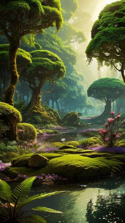 Hyper-realistic digital painting of a mysterious island with bioluminescent plants and flowers that glow in vibrant colors. The dense jungle is illuminated by the soft light of these magical plants, casting an otherworldly glow over the landscape. Strange, exotic creatures can be seen moving among the trees, their eyes glowing in the dark. In the center of the island, a hidden temple made of ancient stone stands, partially covered in vines and glowing moss. The scene is magical and enchanting, with a sense of ancient secrets waiting to be discovered. Cinematic composition, trending on ArtStation.