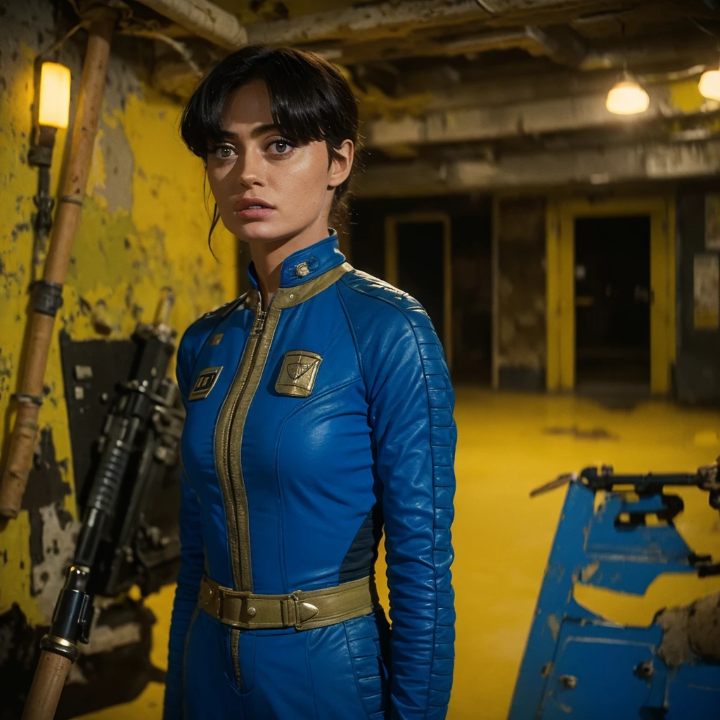 (One person). Fallout TV series. Inside a dimly lit large room in a post-apocalyptic casino in Las Vegas. Vaultsuit Lucy, an 18-year-old vault dweller wearing a blue and gold vaultsuit, her black hair disheveled, clutching a large gun in a dimly lit, post-apocalyptic casino. Cinematic. realistic colors, realistic, photorealistic