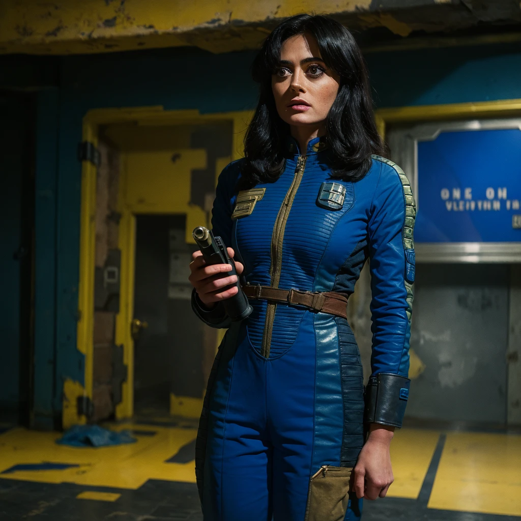 (One person). Fallout TV series. Inside a dimly lit large room in a post-apocalyptic casino in Las Vegas. Vaultsuit Lucy, an 18-year-old vault dweller wearing a blue and gold vaultsuit, her black hair disheveled, clutching a large gun in a dimly lit, post-apocalyptic casino. Cinematic. realistic colors, realistic, photorealistic