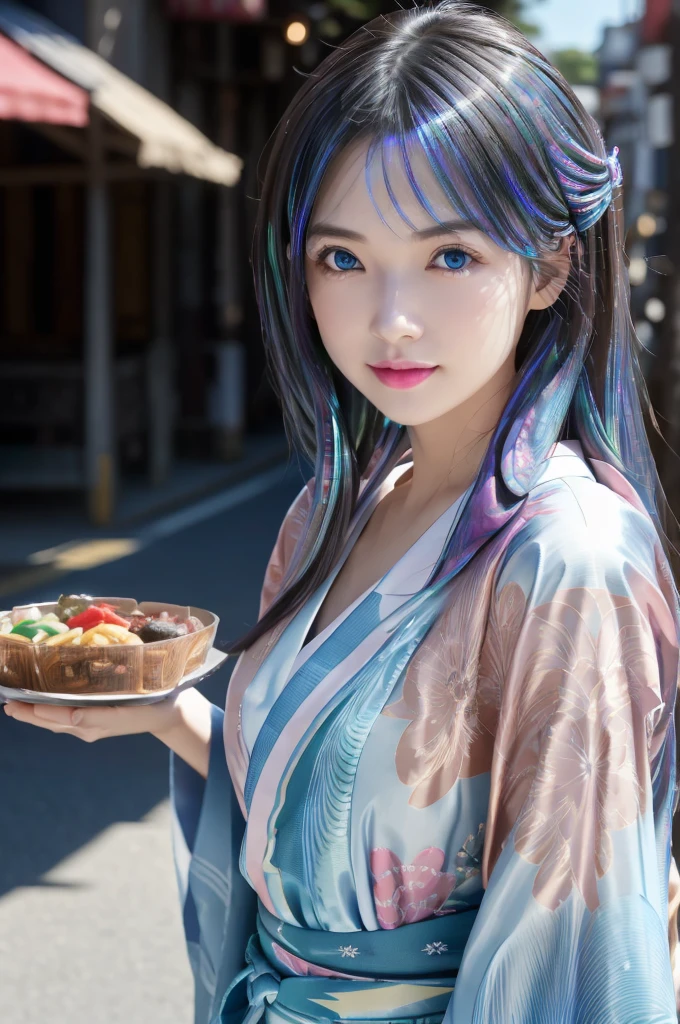 Tabletop、Realistic、Highest quality、Highest quality、masterpiece、Ultra-high resolution、RAW Photos、Realistic、Bright lighting、Face Light、Smooth Professional Lighting、Highest quality、masterpiece、Ultra-high resolution、(Photorealistic:1.4)、RAW Photos、Detailed CG image quality, Beautiful poop、One Girl、20-year-old、(blue eyes:1.2)、Pink lipstick、Laughter, long hair、(Iridescent hair:1.4), (Short length yukata)、Detailed portrait、8K quality、Concept Art、A dramatic, cinematic atmosphere、Sharp focus、Blurred foreground、Blurred Background:1.3, soft smile, (A young woman in a yukata walking along a road with many food stalls), (cleavage:0.7)