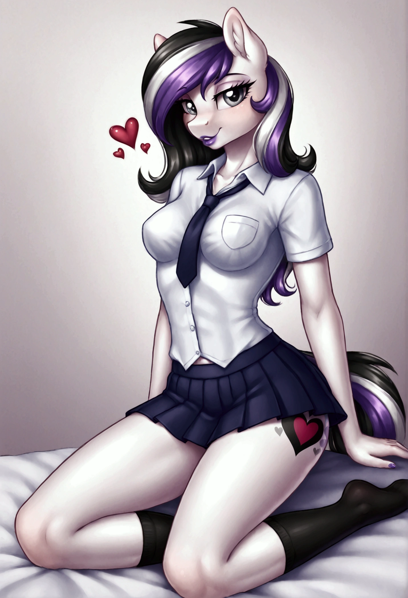 My little pony, (anthro), ((school role play uniform)), ((Two-tone hair with black on top and white underneath)), pale white body, gray eyes, medium breasts, purple lips, perfect lines, heart cutie mark