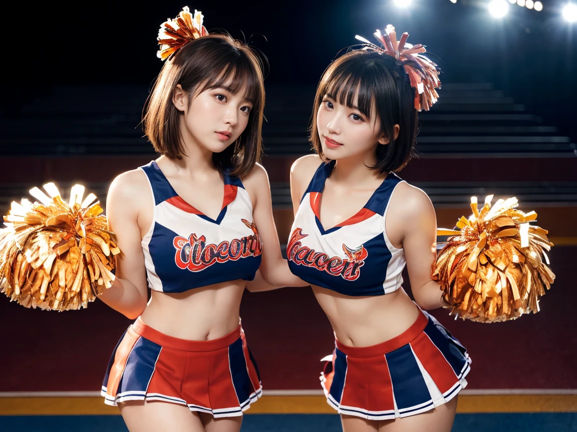 (RAW Photos, 4K, masterpiece, High resolution, Very complex) (reality的: 1.4), Cinema Lighting
((2 girls, 2 high school girls)),blush,((Innocent)),Bright Eyes,Round eyes,Blunt bangs,(Short Bob Hair:1.3),Black Hair,Large Breasts,Wide Hips,Summer noon, ,hot, (Highest quality), (High resolution), (Very delicate and beautiful),(Beautiful 8k face),(Brown eyes),( audience),(Huge breasts),(Play with each other,Touching each other's bodies,Touching the body),(Cheerleader:1.5),(mini skirt),(reality),Bright lighting,(The background is a room in a luxury hotel)