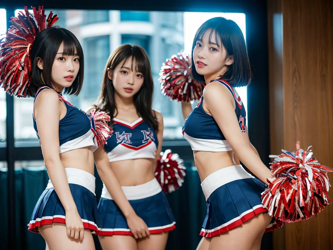 (RAW Photos, 4K, masterpiece, High resolution, Very complex) (reality的: 1.4), Cinema Lighting
 ((2 girls, 2 high school girls)),blush,((Innocent)),Bright Eyes,Round eyes,Blunt bangs,(Short Bob Hair:1.3),Black Hair,Large Breasts,Wide Hips,Summer noon, ,hot, (Highest quality), (High resolution), (Very delicate and beautiful),(Beautiful 8k face),(Brown eyes),( audience),(Huge breasts),(Play with each other,Touching each other's bodies,Touching the body),(Cheerleader:1.5),(mini skirt),(reality),Bright lighting,(The background is a room in a luxury hotel)