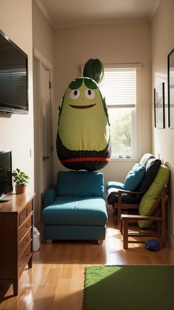 make a picture of a couple of cartoon avocados doing sports at home. There should be standard things for a guest room around: sofa, chair, TV, family photos with the same characters.