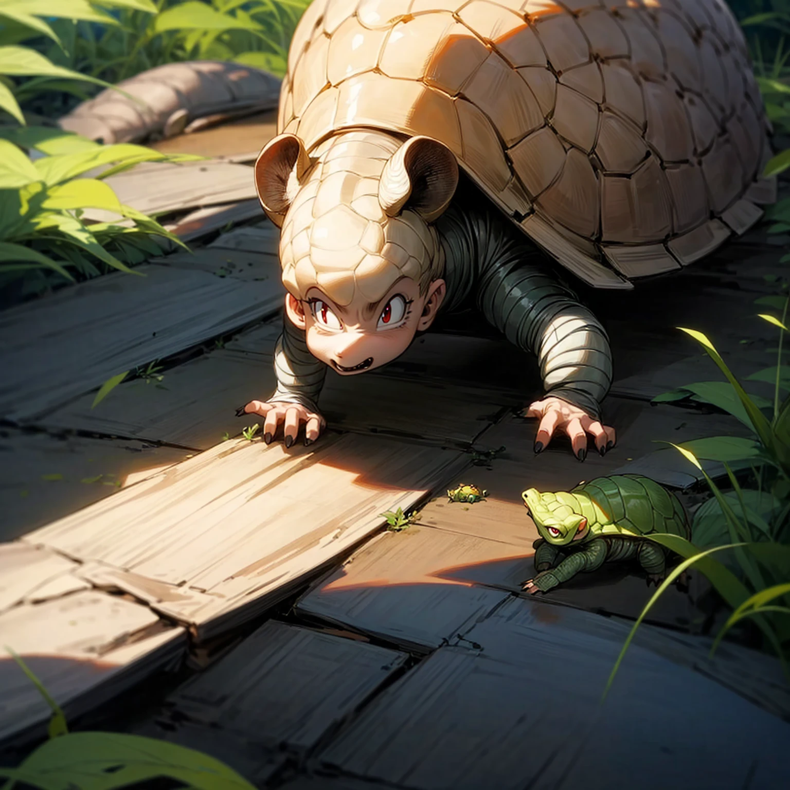 1animal, background in road ditch, baby turtle mixed with baby Armadillo, small in shape, red eyes, Grassroots, motion blur, (dragon ball style art)