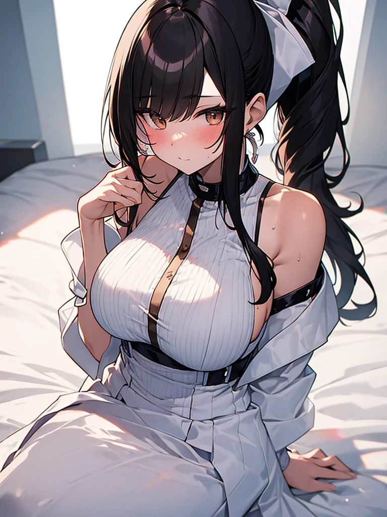 Anime drawing with vivid colors Tall woman:1.9 Standing Cosplay Costume White Wedding Dress Miniskirt Big Breasts Sweat Naked:1.9. Blushing cheeks: Daytime:1.3 On the bed, white sheets, short black hair, ponytail:1.9 Straight hair Hair tie Sweep bangs to the side:1.9. Slanted eyes, brown eyes, tall, strong-willed, beautiful