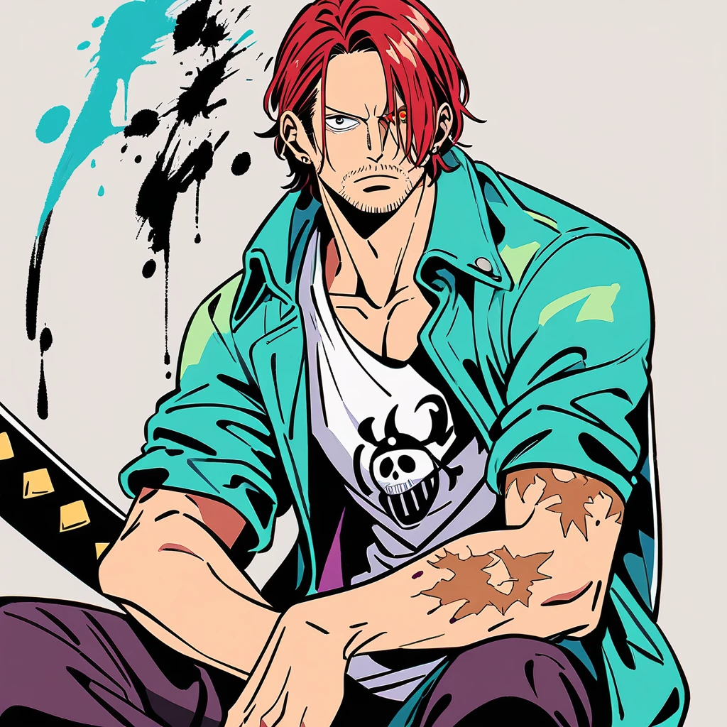 vector art, 1 male, shanks, one piece, 30 years old male, sitting in a stylish pose with his sword, street style, cool street wear vector art, single body, detailed eye and face, ink splash, take reference from actual anime shanks character design for three scars on left eye of the character and add too in the image. no background, plain background