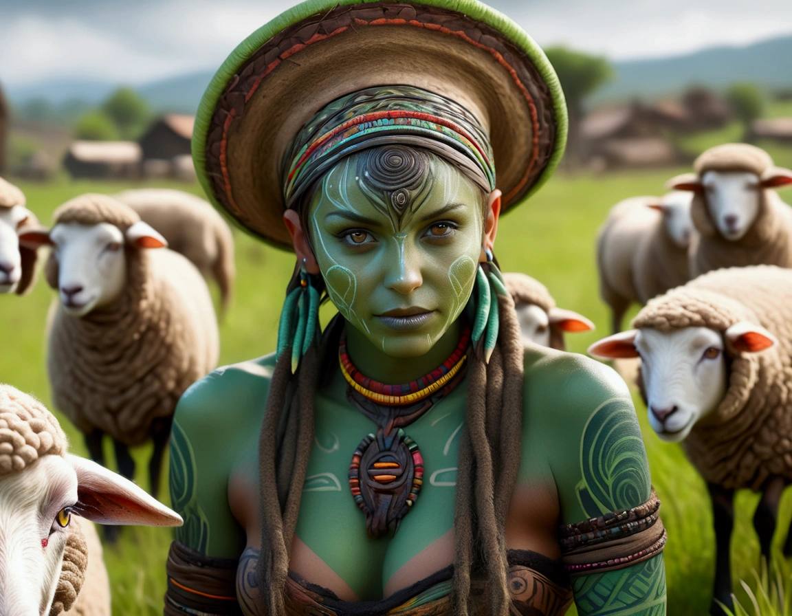 (best quality,4k,8k,highres,masterpiece:1.2),ultra-detailed,(realistic,photorealistic,photo-realistic:1.37),full body portrait of beautiful alien (light green skin, small cute antenna) native tribal woman in muddy primitive farm:1.2,(herding affectionate sheep sized bioluminescent tentacle monsters)(primitive straw broad rim hat, colorful tribal belt, unclad, some tribal tattooing and intricate extensive body paint, breast drapes, confidence, big natural breast), (vivid colors, outdoors, green pastures). (head to toe, show all of her)(Safe for work)