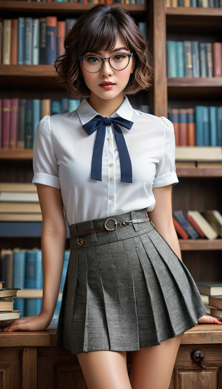 (((beautiful beautiful Isabela Merced, posing for shipmentss, looking sexy, ruffled lips, Short curly hair in different colors, extremely pretty eyes))), ((wearing floral silver necklace)), realistic shipmentsgraph, highy detailed, Foco do pointed, (Main lighting), (indoor bookstore environment), work of art, extremely pretty, Perfect beauty, (perfect shape body, Broad Hips, small waist, thick-thighs, firm abs, Body cute, knees, knees, focus on the knees, breasts small), short hair of different colors with bangs, short hair with bangs of different colors cobrindo a testa, short hair with bangs of different colors ((((short hair of different colors with bangs cobrindo a testa)))), ((30 years old)), (extremely detaild 8k wallpaper), ((face detailed)), (((wearing open white shirt, microsaia curta de tweed, knees, knees, Very Short Skirt)), (long dark eyelashes), (looking at the camera), (((neckleace))), (glamor model), (seductive facial expression) (((standing between high shelves full of books))), extremely detaild, work of art, details Intricate, highy detailed, Foco do pointed, skin detailed, realistic skin texture, texture, detailedeyes, high resolution, Cores Kodak Vision, shipments_\(ultra\), Post-processing, Maximum details, roughness, real-life, ultra realistic, shipmentsrealism, shipmentsgraphy, absurderes, RAW shipments, highest quallity, high detail RAW color shipments, professional shipments, extremely detaild UHD 8k wallpaper unit, best qualityer, high resolution, (work of art, maximum quality, high resolution:1.4), shipments, cinematic, film grain, pointed, soft natural light, magic shipmentsgraphy, super verbose, ((all-body: legs 1.7)), librarian glasses, nerd glasses, ((pleated miniskirt: miniskirt 1.6)), unbuttoned blouse with neckleace, へそ, へそ, neckleace, (Head to knee, all-body: knees 1.3), horny, lascivious, provocative, knee lift, 