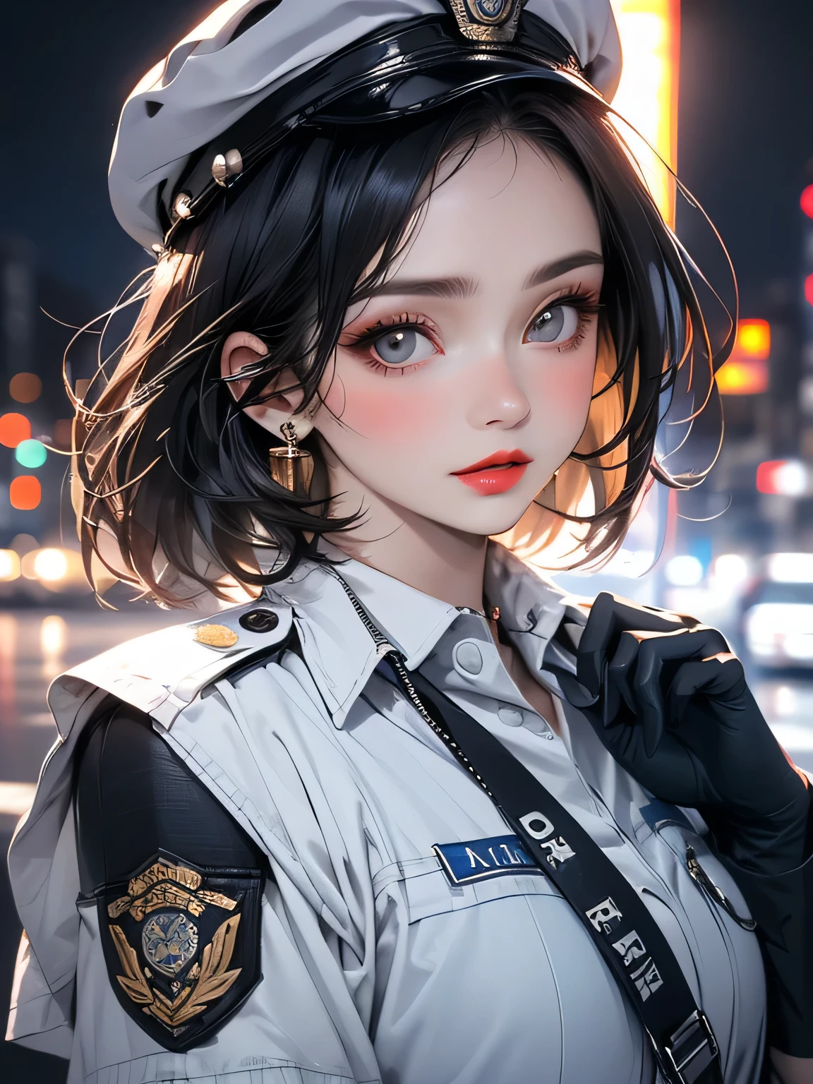 (Highest quality, masterpiece),alone, (Police uniform, Female police officer), (Very delicate and beautiful face), (Beautiful eyes in every detail),Short Bob, City lights, (Looking at the audience: 1.3), Release your lips, Red lips, Shiny skin, Highest quality, Ultra-high resolution, (realism: 1.4),