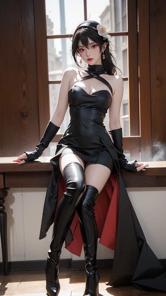 Yor Forger,yor briar,dress,black dress,black hair,hair ornament,flower,hairband,gloves,hair flower,fingerless gloves,black gloves,bare shoulders,gold hairband,weapon,holding,holding weapon,breasts,knife,sidelocks,dagger,red eyes,bangs,thighhighs,long hair,red lips,holding knife,two-sided dress,black thighhighs,jewelry,boots,sleeveless,lips,thigh boots,black footwear,,holding dagger,earrings,two-sided fabric,rose,sleeveless dress,high heels,1girl,sexy pose,best quality,masterpiece,illustration,an extremely delicate and beautiful,CG,unity,8k wallpaper,Amazing,finely detail,masterpiece,official art,extremely detailed CG unity 8k wallpaper,incredibly absurdres,huge filesize,ultra-detailed,highres,extremely detailed,beautiful detailed girl,realistic,full frontal,outdoors,light contrast,nswf, earrings, jewelry, no bra, realistic hands, half nude, show vagina, vagina gape, squirt vagina hairly, wide open legs:1.4, super wet , show nipples in medium breasts, exposure +1.5, soft lighting body.
