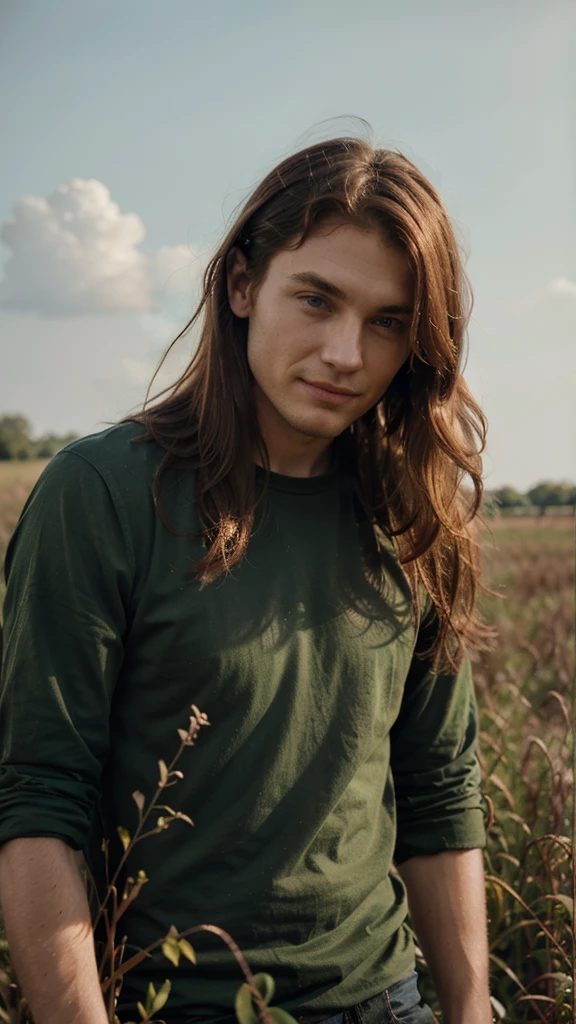 stylist man, red medium length hair, fashion wearing, posing in the field, smirk, green eyes