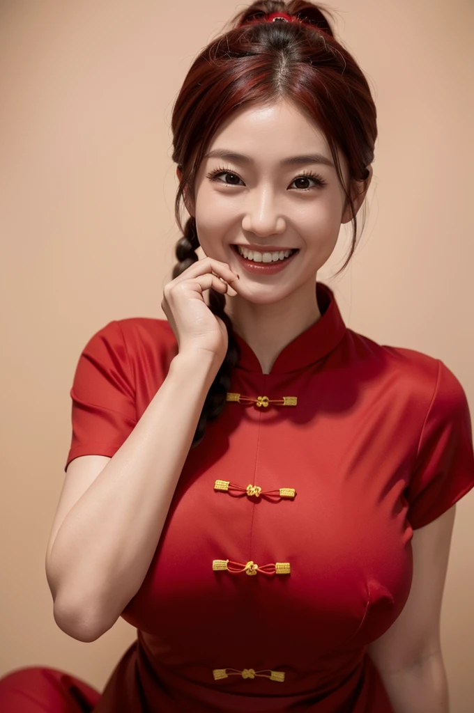 Japanese cute girl wearing red cheongsam, red braided ponytail hair, Double teeth are visible, She smiles mysteriously as if enjoying the embarrassment, (((huge breasts))), (((realistic))), (((High resolution))), (((anatomically correct)))