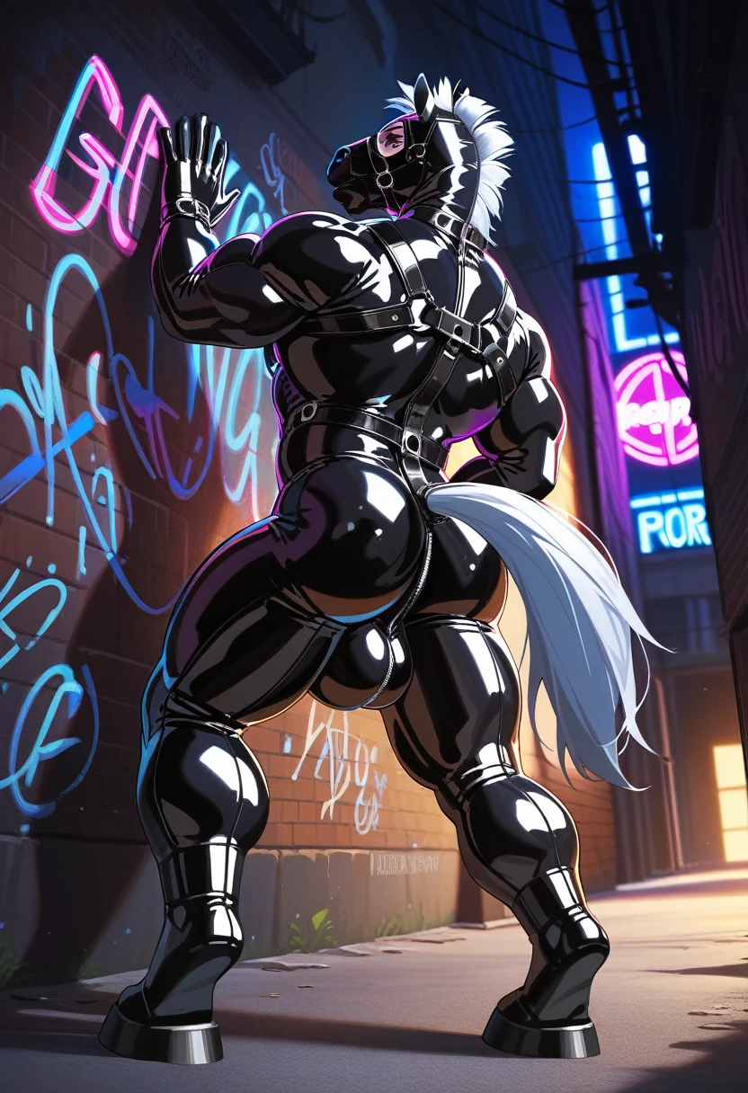 animation, Highest quality, Highest quality, High quality illustrations, masterpiece, Ultra-high resolution, Detailed Background, alley, night, wall graffiti art, Absurd, Perfect Anatomy, performance, Good lighting, Shadows in the movies(kemono, Furry Personifi猫ion), horse, Muscle Body, Rubber Suit, latex, neon, neonライト, neonカラー, Bodysuits, Cyber Suit, cyber punk, Rubber mask, Harness, big bulge, Put your hand on the wall, Show your ass, Dynamic Angle