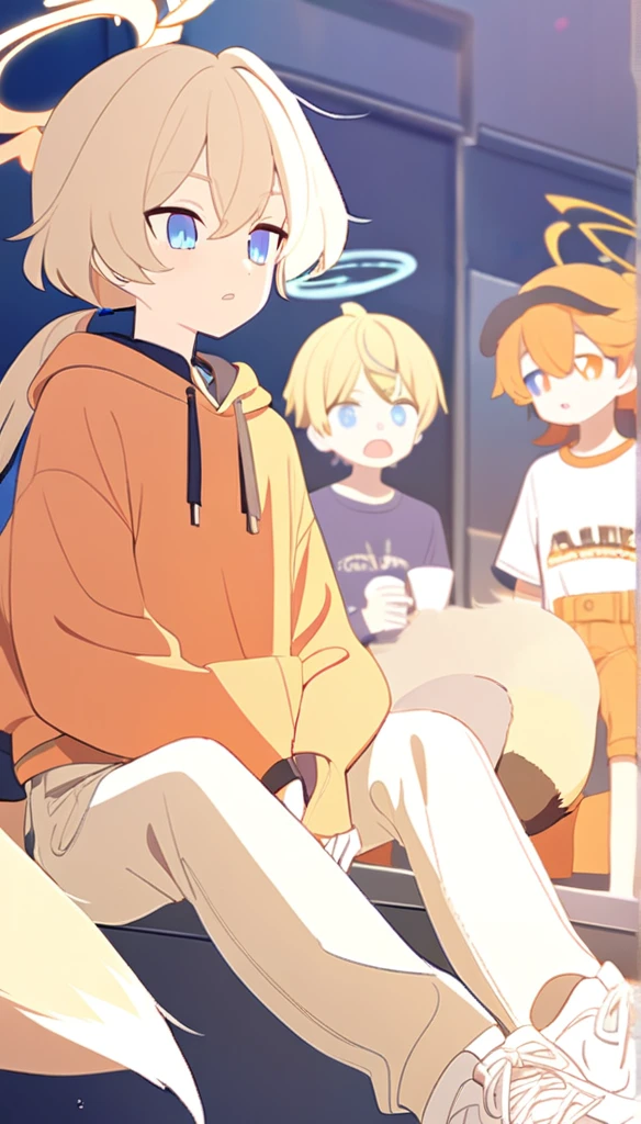 A 16 years old boy, 5ft8 in height, white shoes, Latte coloured jeans, Pastel orange hoodie, orange demon horns, fox tail, Blue eyes, blonde hair, Orange halo, ponytail, (Blue Archive character), sitting with Blue Archive serika