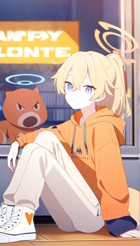 A boy, 5ft8 in height, white shoes, Latte coloured jeans, Pastel orange hoodie, orange demon horns, fox tail, Blue eyes, blonde hair, Orange halo, ponytail, (Blue Archive character), sitting with Blue Archive serika