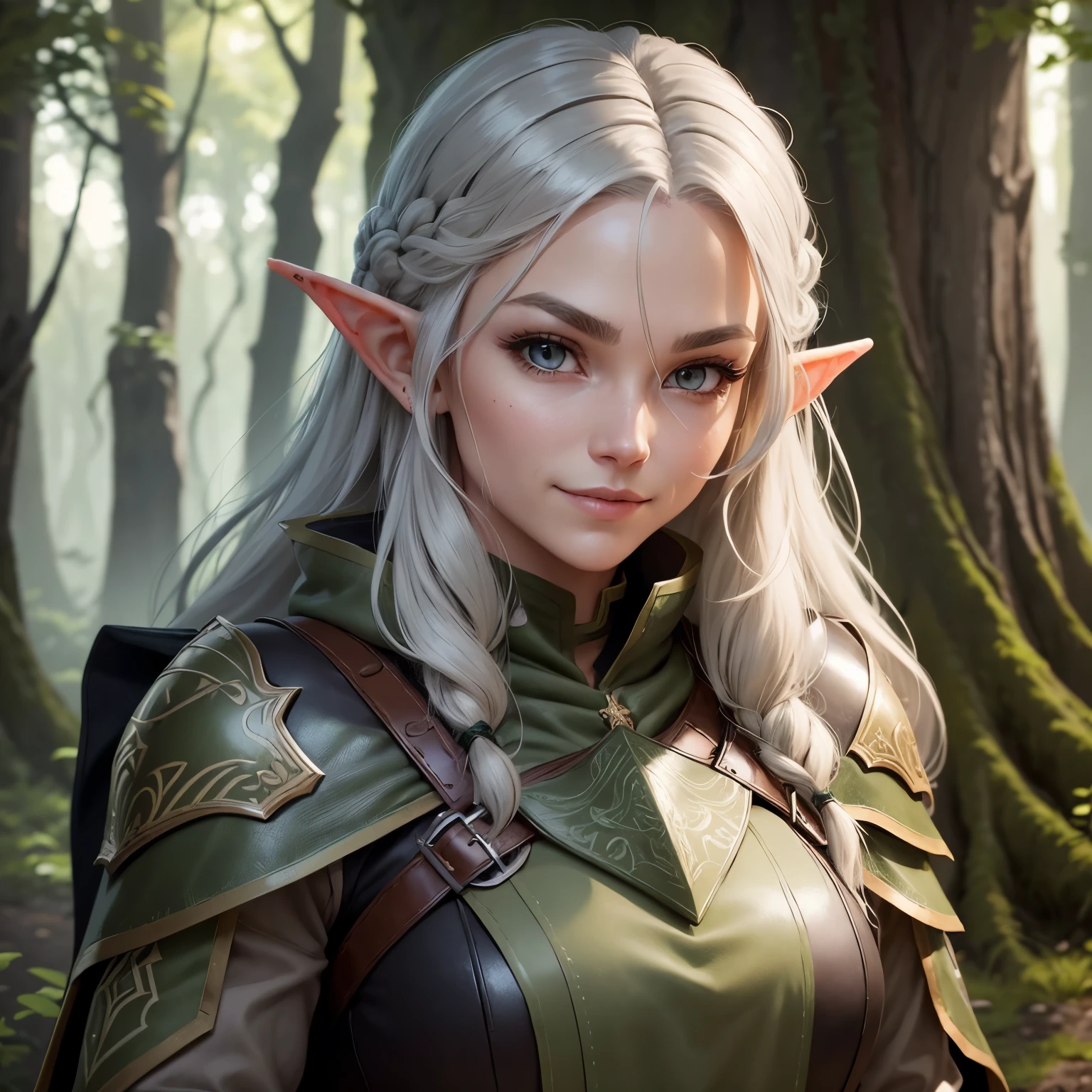 A female Elf Ranger. Born from the forest. Leather armor that blends in with the underbody and cape to become invisible. Long Light Gray Hair with Chunky Design. Super detailed eyes .shy smile.His gaze would be intense and serious. highly detailed image .ready for action at any time.