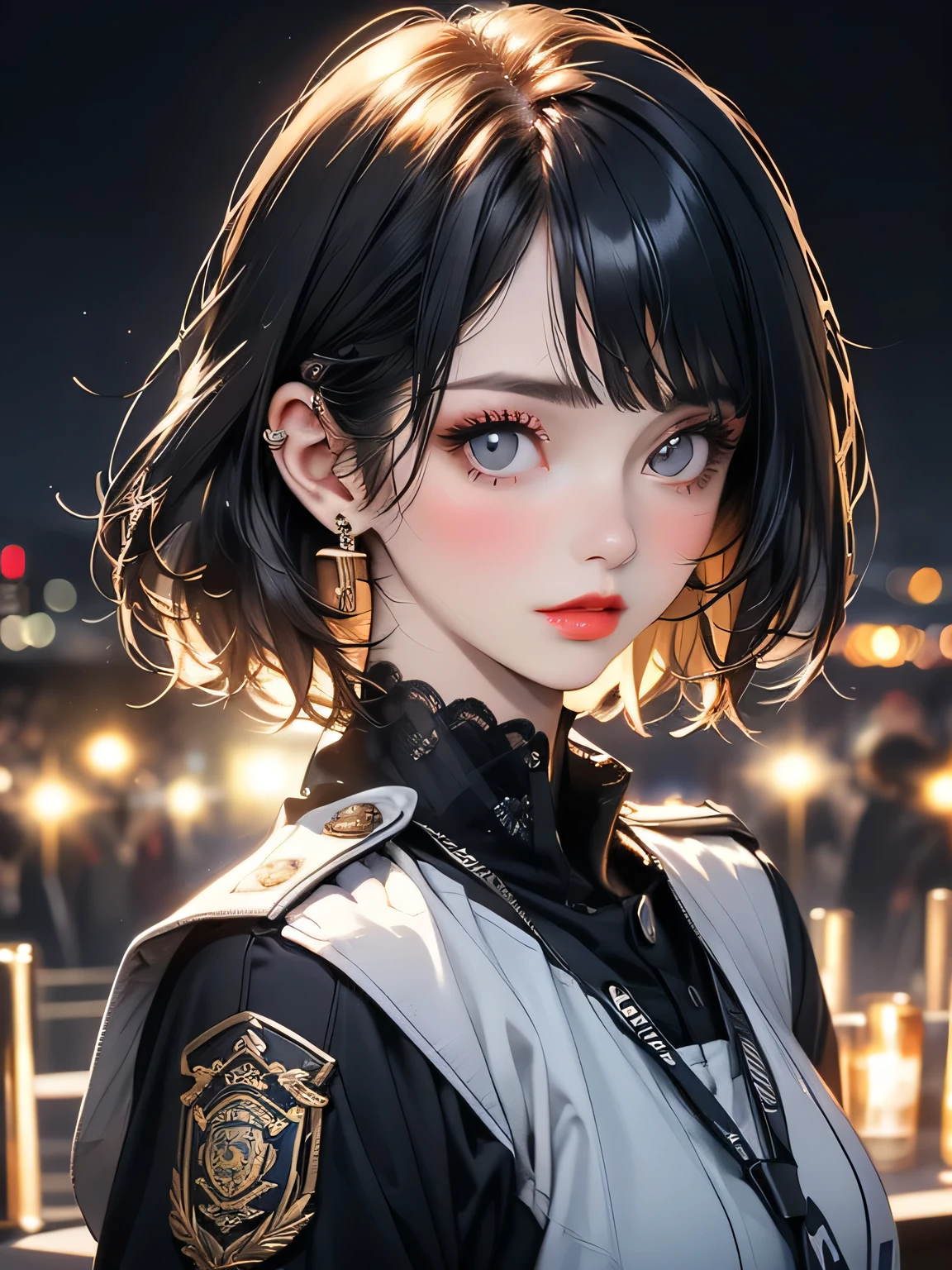 (Highest quality, masterpiece),alone, (Police uniform, Female police officer), (Very delicate and beautiful face), (Beautiful eyes in every detail),Short Bob, City lights, (Looking at the audience: 1.3), Release your lips, Red lips, Shiny skin, Highest quality, Ultra-high resolution, (realism: 1.4),