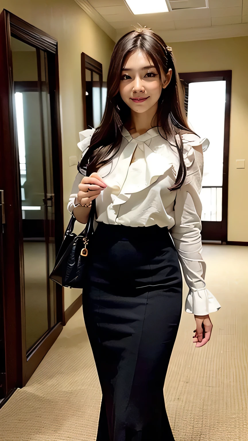 (Japan Office:1.5、Multiple women walking down a hallway、Walking down the hallway2people)、(Realistic、Like a photograph、Live Action、8k, Realistic, RAW Photos, Best image quality: 1.4), Single-lens reflex camera、RAW Photos, Highest quality, Realistic, Highly detailed CG Unity 8k wallpaper, Written boundary depth, Cinematic Light, Lens flare, Ray Tracing, Realistic background、(Blouses with ruffles:1.4、mermaidskirt:1.4、Long skirt)、(Hold the document in your hand、Women walking and talking)、((Black straight long hair:1.1))、 woman2name,Cute Japanese women、((whole body:1.5))、I like that style、stylish、Very detailed、Pay attention to the details、Perfect outfit、(White skin)、Beautiful feet:1.1、View from the front、Accurate Arm、Anatomically correct body、Accurate fingering