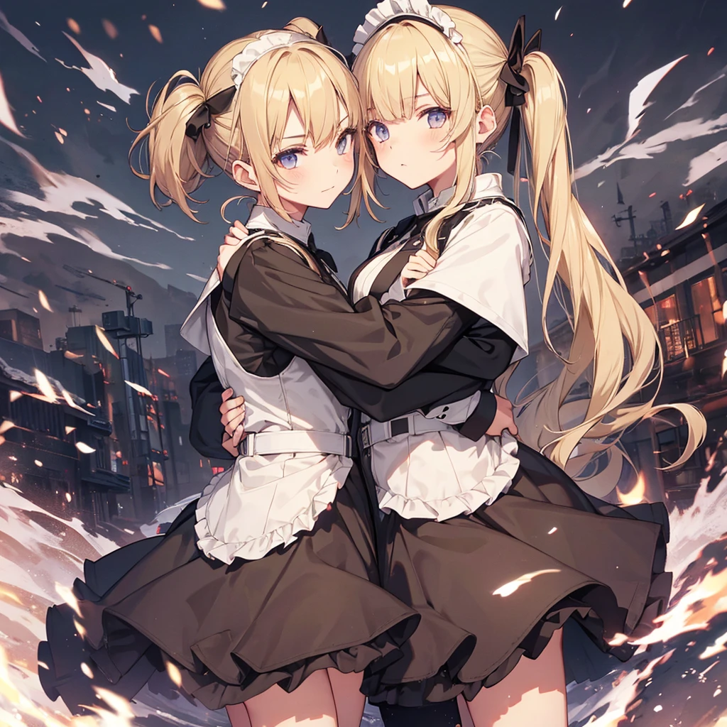 A maid outfit that looks like a military uniform, Twin tails, Machine gun firing,Intense Combat, Obsessive face, Blonde, Raise one leg, Highest quality, Highest quality, High definition, Oyashiki, 2 girl, Back to Back