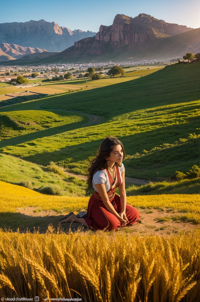 A Moabite woman, route, kneeling in a golden field of wheat at dawn, with arms raised in prayer. Ao fundo, an Israeli village with stone houses and thatched roofs. in the sky, um raio de sol divino ilumina route. realistic styling, with vivid details and vibrant colors. Espigas de trigo maduras ao redor de route. A black crow flying in the sky. Uma pomba branca pousando no ombro de route. the name "route" written in Hebrew in the bottom right corner of the image.
