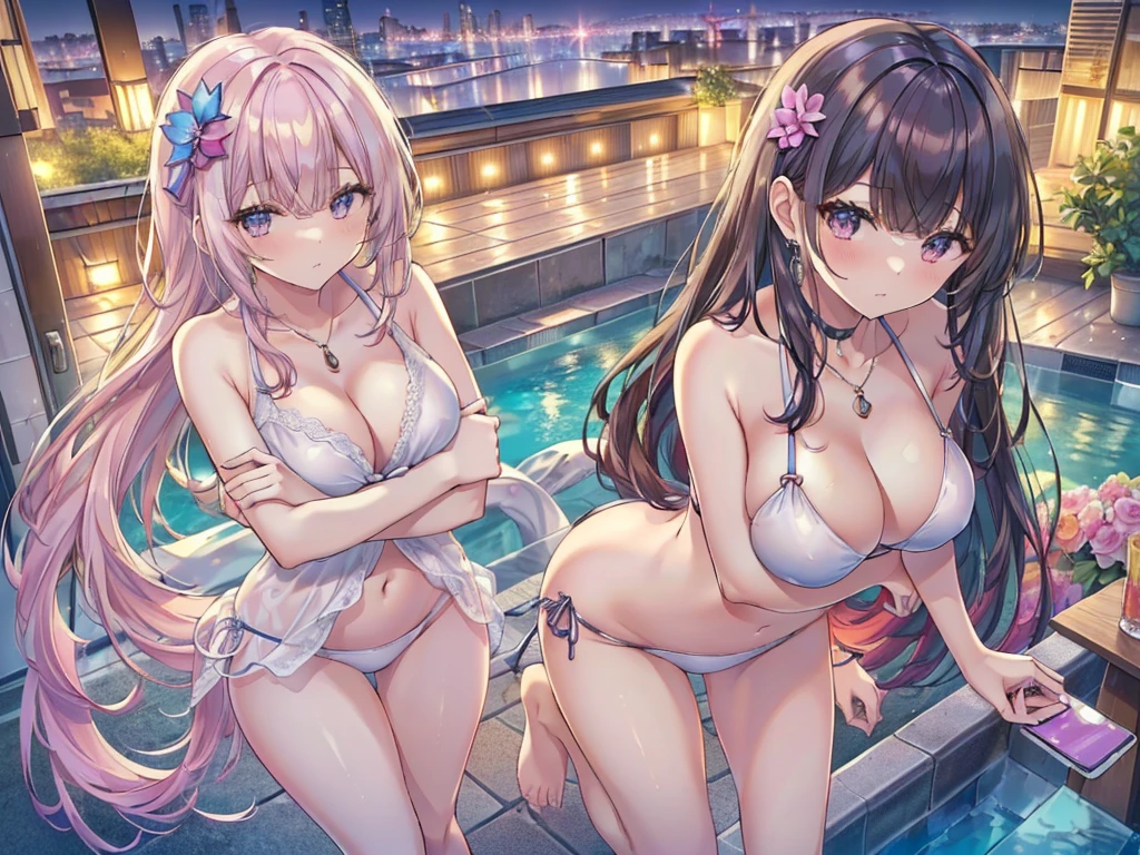 ((masterpiece, Highest quality, Best image quality, High resolution, Realistic, RAW Photos, 8k)), (Huge and stunning goddess shot, Very hot and sexy, Amazing beauty, Perfect Proportions, Beautiful body, Slim body beauty:1.3), ((Pool Party)), (Three young women: 1.2), ((Have fun)), necklace, earring, ring, (Each one is wearing a sexy bikini.: 1.2), (She night、Surrounded by male fans at a private pool: 1.5), (She has a lot of fans around her.: 1.2 ), (She was touched by the fans around her.、Being hugged: 1.5), (Men are taking pictures with their smartphones:1.2),
