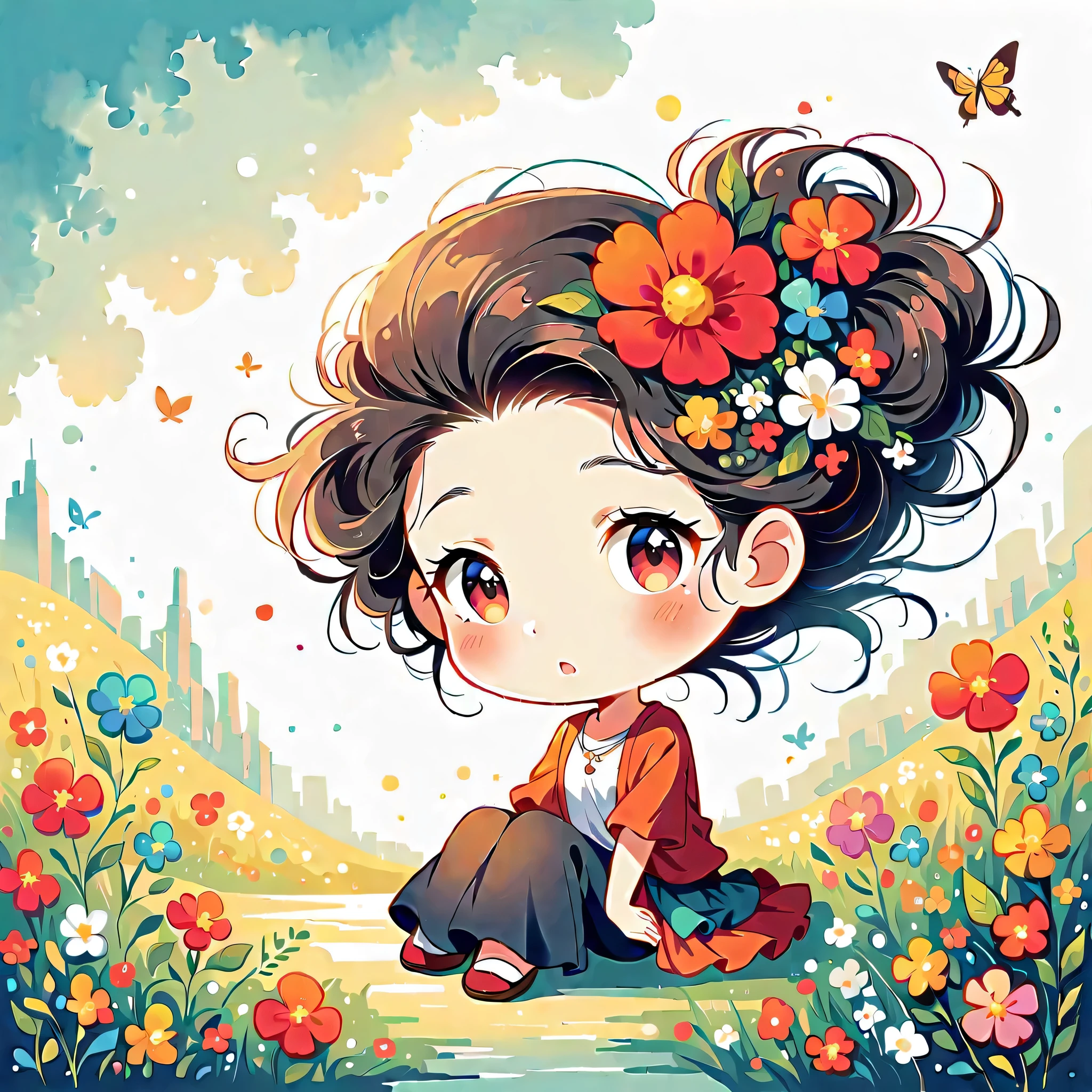 Black Star Red and White style, The most beautiful girl of all time,chibi, Lips in Love, colorful flowers, Simple Line Initialism,Abstract art,Urban Background