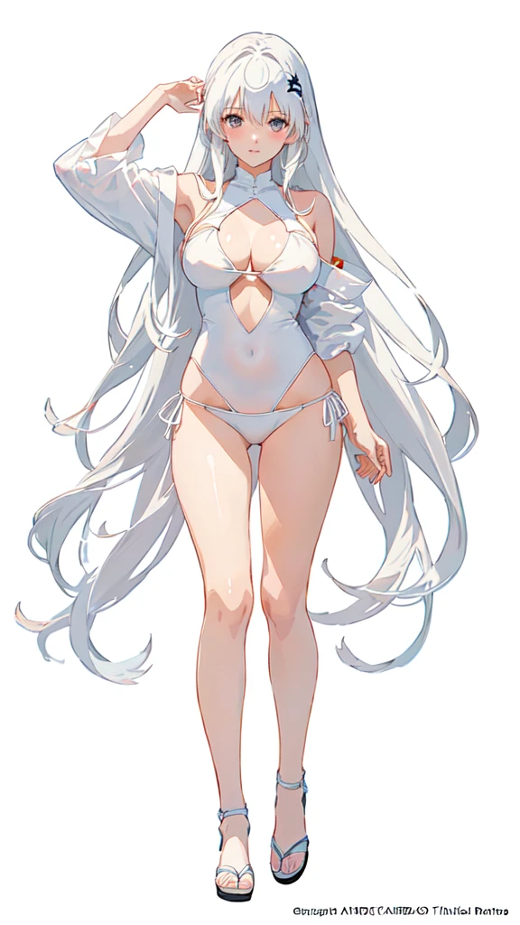 anime girl in white bikini and white shirt with long hair, anime full body illustration, anime woman fullbody art, seductive anime girl, full body!!, full body illustration, in white clothes, full body picture, beautiful alluring anime woman, by Kentaro Miura, realistic bikini, female anime character, makoto shinka, is wearing a swimsuit