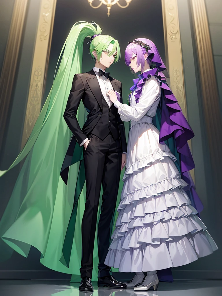 There are two elegant boys, the first boy has green hair and black and dark green clothes. The second boy has purple hair with white clothes, anime characters dressed in formal clothes standing next to each other, neo-romanticism, two handsome anime men, one man with green hair and the other man with purple hair, two men, elegant anime key visual, beautifulprince