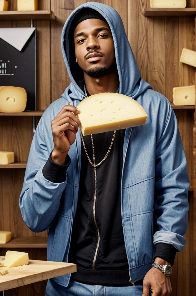 Dessin pour une cover de rap avec un homme cagoulé, hooded and armed holding a microphone, a calendar in the background with a small piece of cheese somewhere in the image