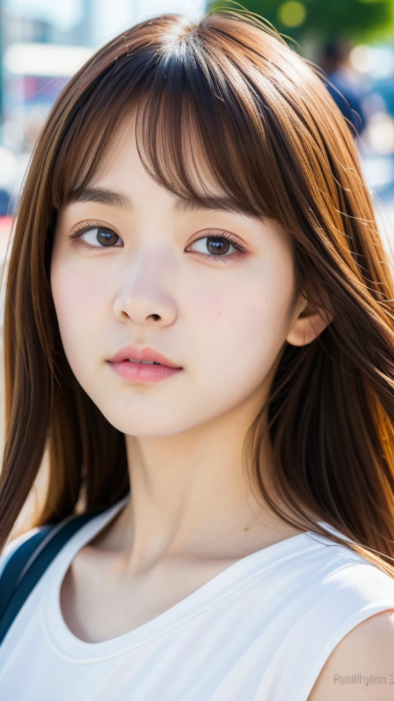 (best quality, 8k, 32k, masterpiece, UHD:1.2), ultra high resolution, (pretty a Korean early teen girl), 13 years old, beautiful detailed eyes, semi long brown hair, bangs, portrait, (crowded city boulevard on a bright sunny day:1.2), (detailed background:1.5)